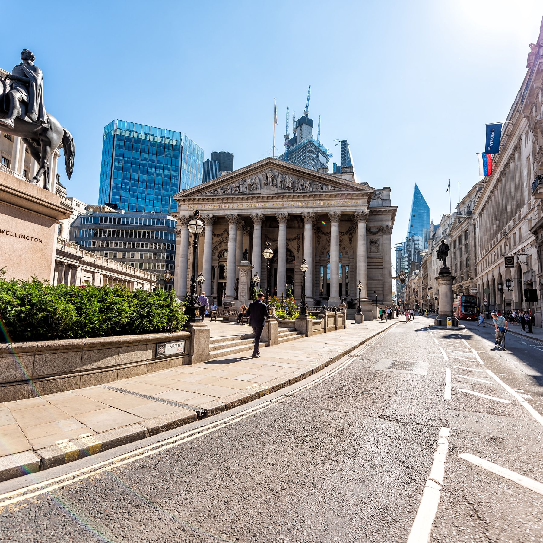 The Royal Exchange and Bank junction in the City of London on a bright morning